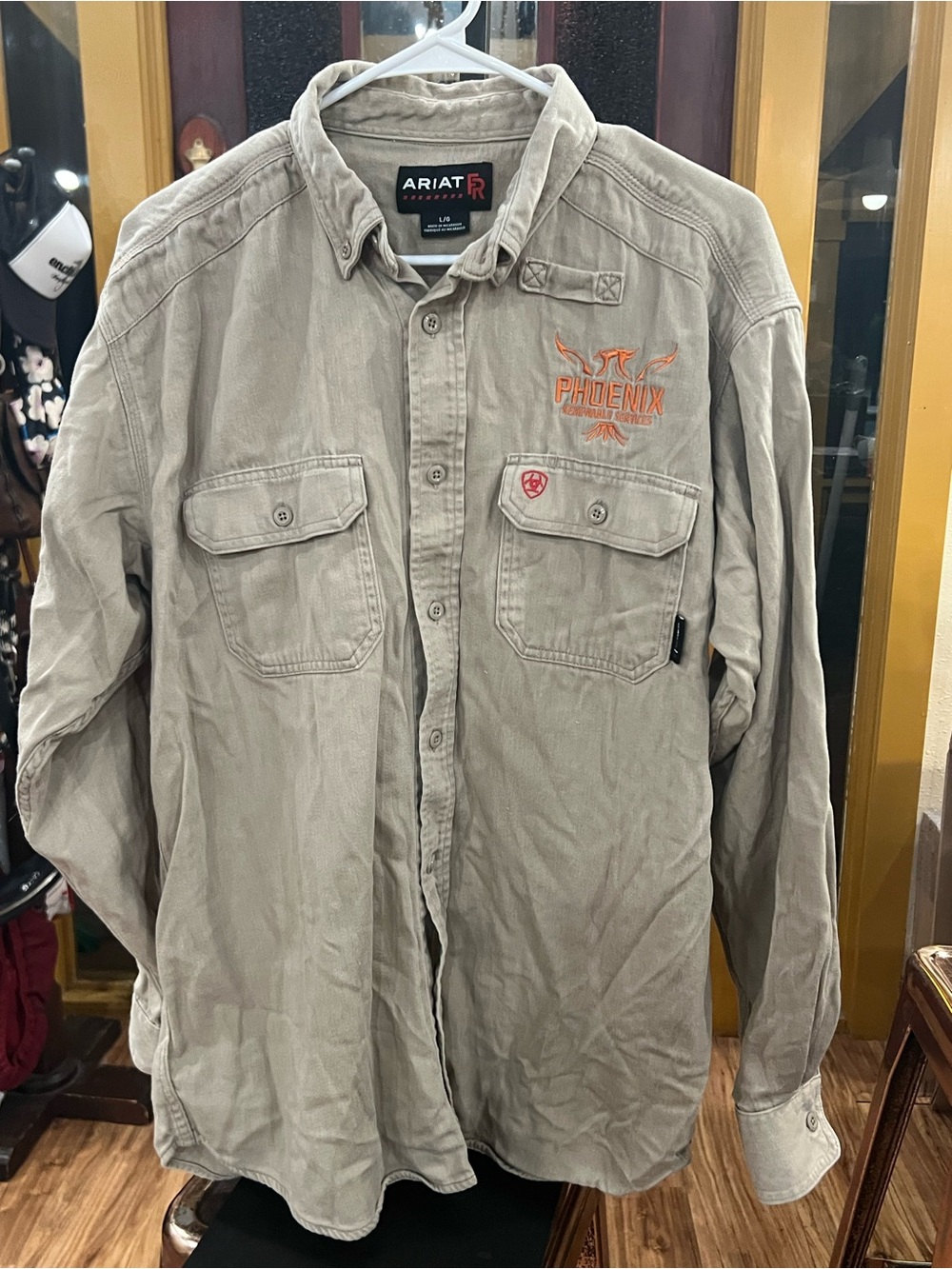 Ariat Fire Resistant Khaki Workshirt with Orange Phoenix Embroidery